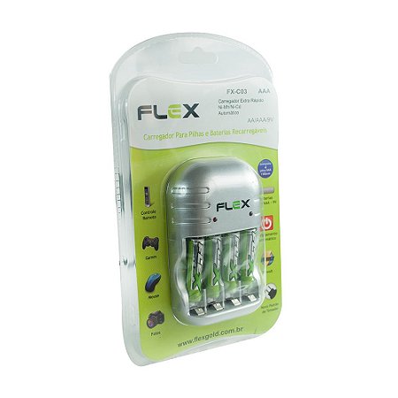 Carregador de Pilha Recarregavel com 4 AAA 1100 mAH Flex FX-C03 AAA Bivolt Automático