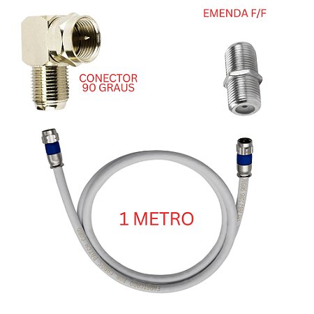 Cabo Coaxial Para Antena de Tv  1 metro Crimpado com Emenda F/F e Adaptador 90 Graus