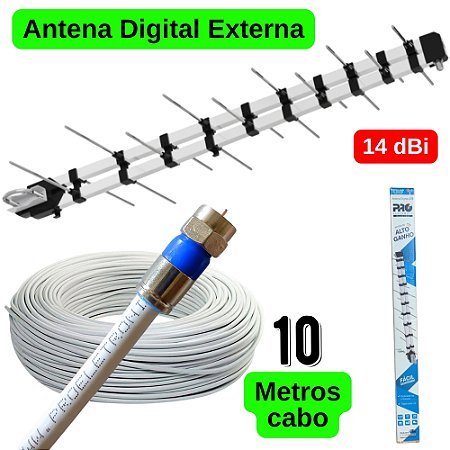 Antena Digital externa Proeletronic Prohd-1040 Lte 14dBi + 10 metros Cabo Coaxial 90% malha