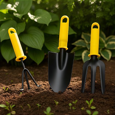 Kit Jardinagem 3 Peças Pá Garfo Rastelo conjunto Ferramentas Jardim horta