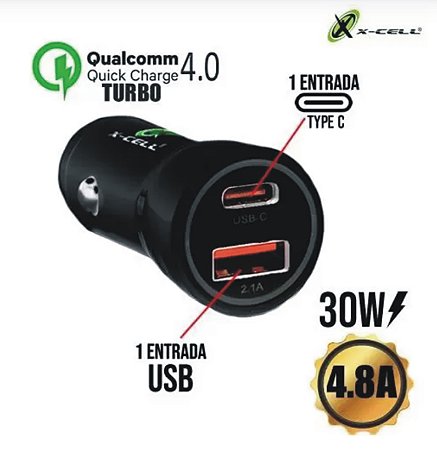 Carregador para celular veicular Turbo 1 USB + 1 USB-C Tipo C 4.8A Quick Charge 4.0 X-Cell XC-V13USB