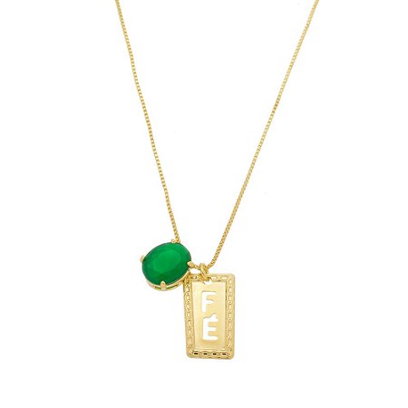 Colar Verde Esmeralda Com Placa Fé