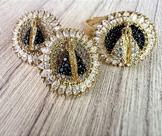 Conjunto Anel e Brincos Nossa Senhora Aparecida com zircônias  ouro18k