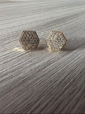 Brincos sextavados cravejados de zirconias em ouro 18k