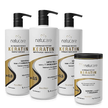 Kit Profissional Keratin Shampoo 1lt + Defrizante 1 lt + Queratina 1 lt + Máscara 1kg NatuMaxx