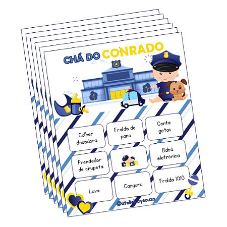 Bingo bebê policial branco e azul