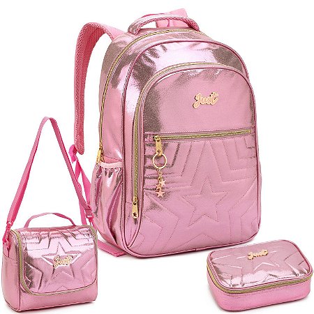 KIT MOCHILA ESTOJO LANCHEIRA ESCOLAR MENINA JUST METALICA