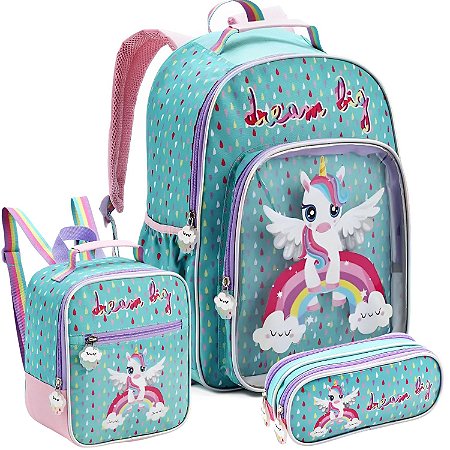 KIT MOCHILA DE COSTAS LANCHEIRA ESTOJO UNICORNIO DREAM BIG