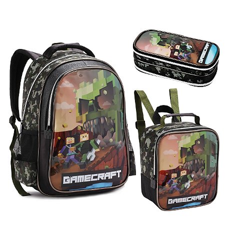 KIT MOCHILA DE COSTA LANCHEIRA E ESTOJO ZOMBIE GAMECRAFT