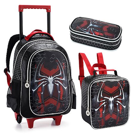 KIT MOCHILA DE RODAS LANCHEIRA ESTOJO SILVER SPIDER