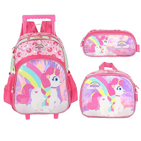 KIT MOCHILA DE RODINHA LANCHEIRA E ESTOJO UNICORIO UP4YOU PETIT
