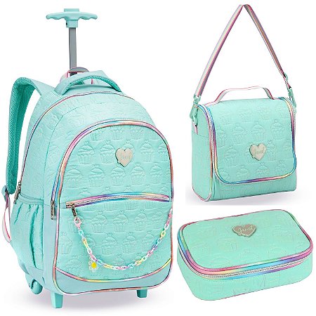 KIT MOCHILA COM RODAS ESTOJO E LANCHEIRA BORDADO CUPCAKE