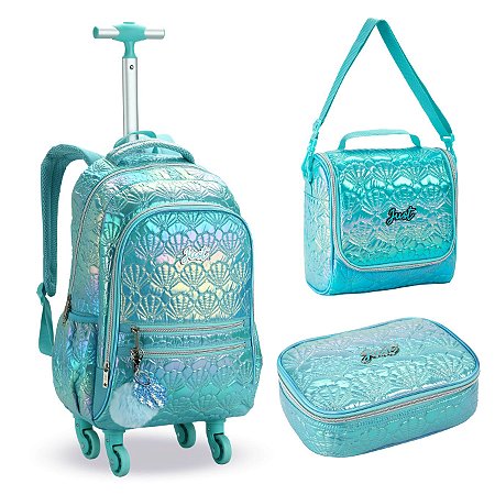 KIT MOCHILA 4 RODAS LANCHEIRA E ESTOJO ESCOLAR CONCHA SEREIA