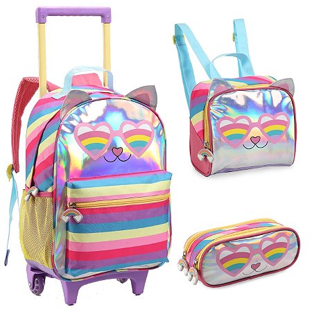 KIT MOCHILA RODINHA LANCHEIRA ESTOJ INFANTIL GATO HOLOGRÁFICA