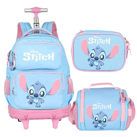 KIT MOCHILA COM RODAS ESTOJO E LANCHEIRA LILO STITCH