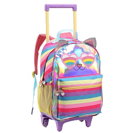 MOCHILA ESCOLAR C/ RODAS INFANTIL GATO HOLOGRÁFICA