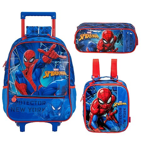 KIT MOCHILA DE RODINHA LANCHEIRA ESTOJO ESCOLAR SPIDER MAN BOLSA HOMEM ARANHA