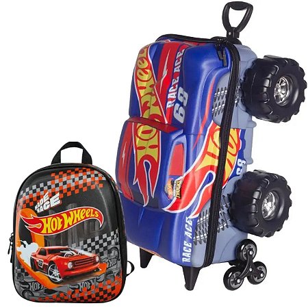 KIT MALA INFANTIL 3D RACE MONSTER TRUCKS E MOCHILA LANCHEIRA HOT WHEELS