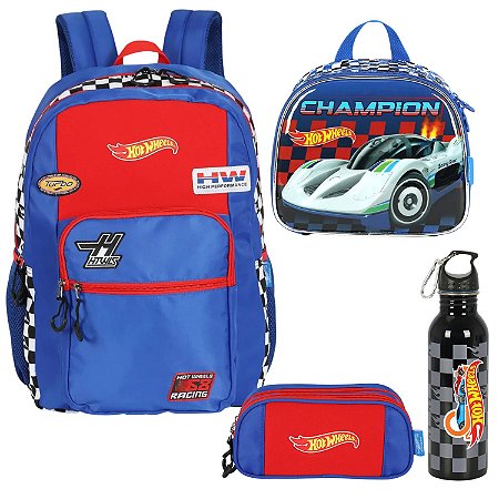 KIT MOCHILA ESTOJO LANCHEIRA GARRAFA HOT WHEELS