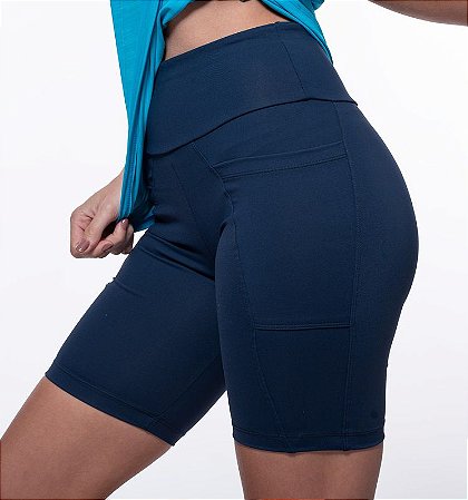 Bermuda Fitness Longa Feminino ROMA Bolsos Laterais Azul Escuro