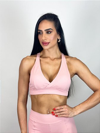 Top Fitness Médio Impacto Emana Feminino ROMA Cruzado Rosa Claro