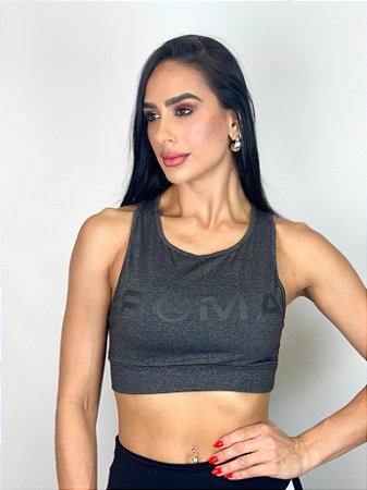 Top Fitness Médio Impacto Feminino ROMA Cropped Logo Cinza Médio