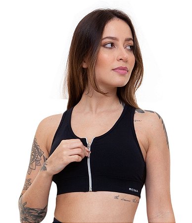 Top Fitness Médio Impacto Feminino ROMA Ziper Preto