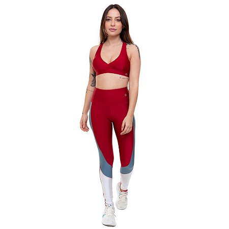 Calça Legging Fitness Longa Feminino ROMA Recorte Lateral Vermelho Escuro