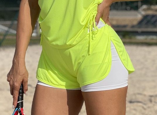 Shorts Fitness curto Feminino ROMA tela sobreposta Amarelo Neon/Branco