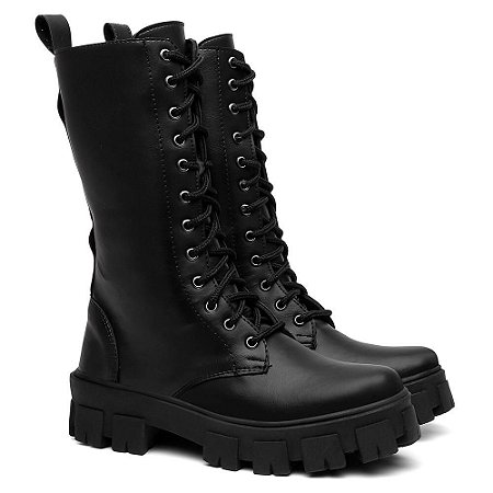 Bota Coturno Feminino Cano Alto Zíper Tratorado Blogueira