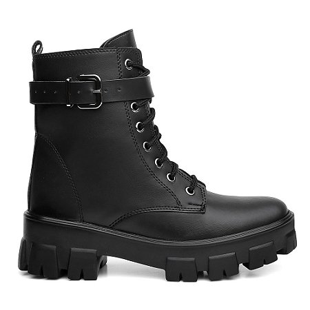 Coturno Feminino Tratorado Preto Estilo Rock Com Fivela Removivel