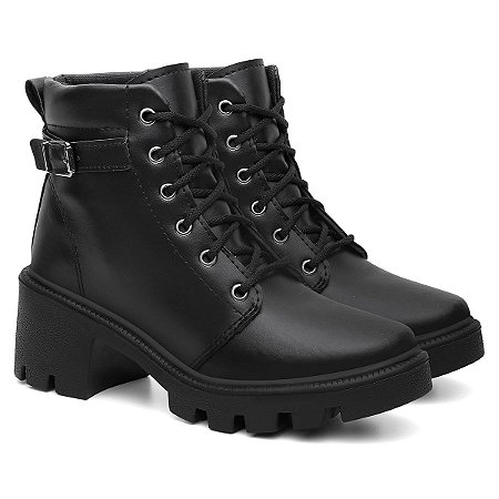 Bota Coturno Feminino Salto Médio Ankle Boot Fivela Lareral