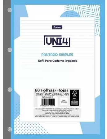Refil Para Caderno Argolado Uni4 80F Foroni