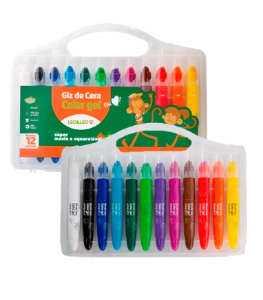 Giz De Cera Color Gel 12 Cores Escolar Leo e Leo