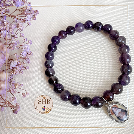 Pulseira de Ametista com Medalha de Santa Hildegarda