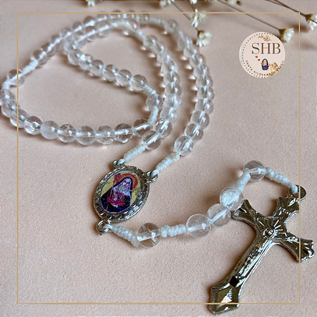Terço com Medalha de Santa Hildegarda de Bingen e Cristal da Rocha - Esfera 6mm