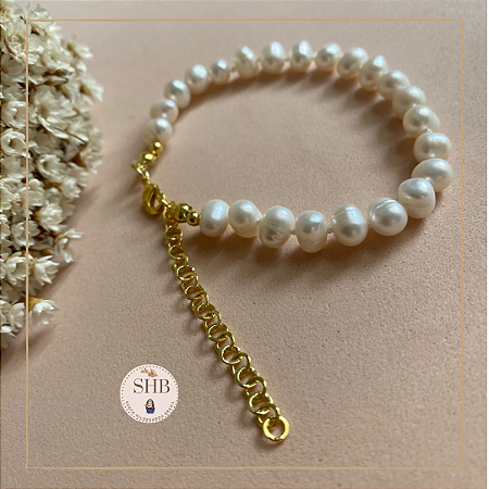 Pulseira de Pérolas de Água Doce Branca Arroz Irregular -  Corrente extensora - 17,5cm + 2,5 cm extensora