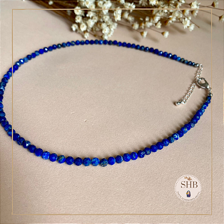 Choker – Lápis Lazuli - Esferas 4,0 mm - com extensor Prata Folheada