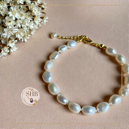 Pulseira de Pérolas de Água Doce Branca Arroz Irregular - 18,5 cm + 2,5 cm de extensor