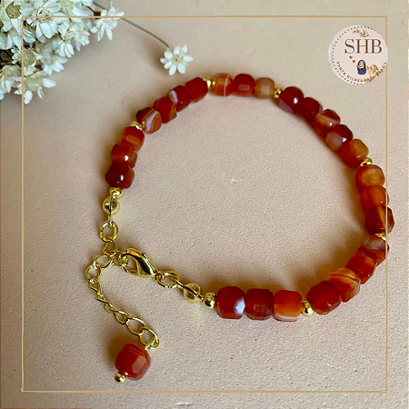 Pulseira de Cornalina – Cubo lapidado de 5mm com extensor de 2,5cm