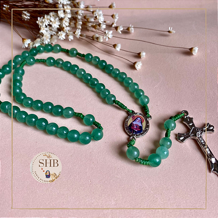 Terço com Medalha de Santa Hildegarda de Bingen e Quartzo Verde - 6mm