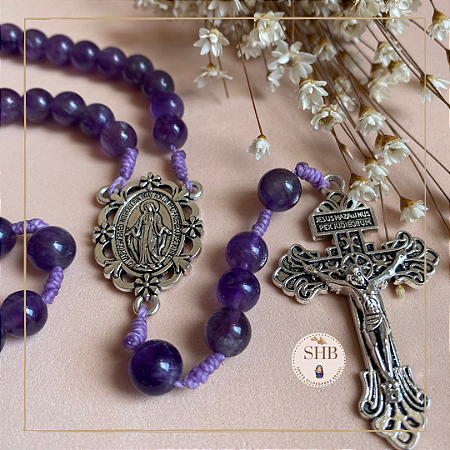 Terço com Medalha de Nossa Senhora das Graças e Ametista - Medalha de Níquel