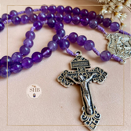 Terço com Medalha de São Miguel Arcanjo e Ametista - Medalha de Níquel