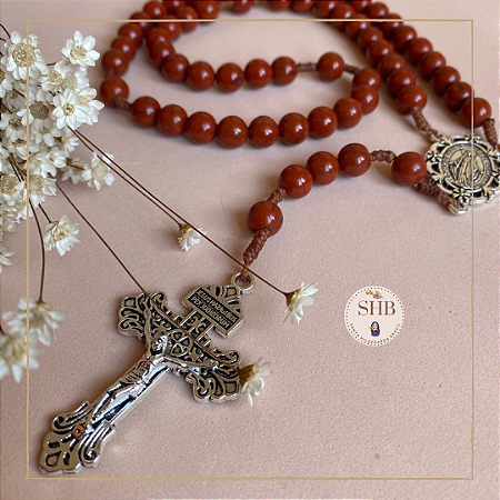 Terço com Medalha de Nossa Senhora das Graças e Jaspe Vermelho - Niquel - 8mm