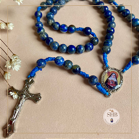 Terço com Medalha de Santa Hildegarda e Lapis Lazuli - 6mm - Níquel