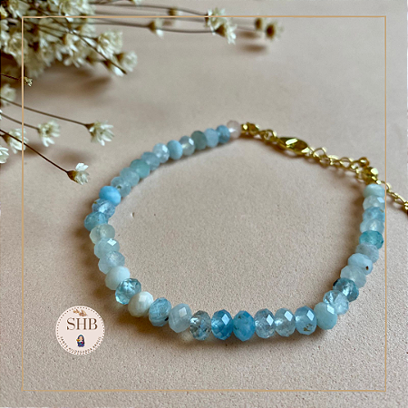 Pulseira de Água Marinha (Berilo) - esferas 4mm - banhada a ouro