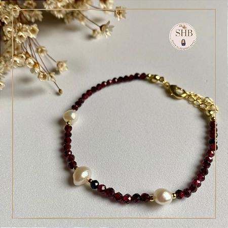 Pulseira de Granada Esfera Lapidada de 3mm com Pérola de Água Doce - Folheado