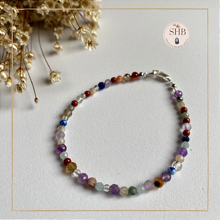 PEÇA ÚNICA - Pulseira Mix de Pedras: Ágata + Água Marinha + Ametista + Cristal da Rocha + Esmeralda + Lápis Lazuli + Jaspe Vermelho