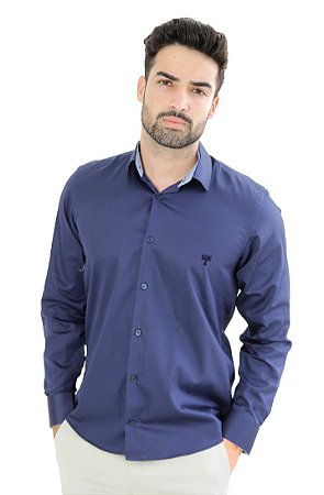 camisa social masculina, manga longa, modelagem slim fit, detalhes xadrez  mini gola e punhos, lisa marinho - Vori Clothes