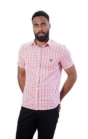 camisa social masculina, manga curta, modelagem slim fit, xadrez branco/vermelho.  - Vori Clothes